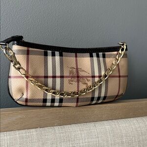 Burberry  Haymarket Tan Plaid Bag with Gold Chain
